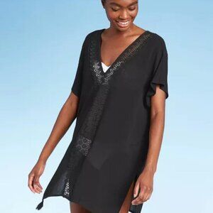 Kona Sol Black Swim Cover Up V-Neck Women's Tunic Dress Size S